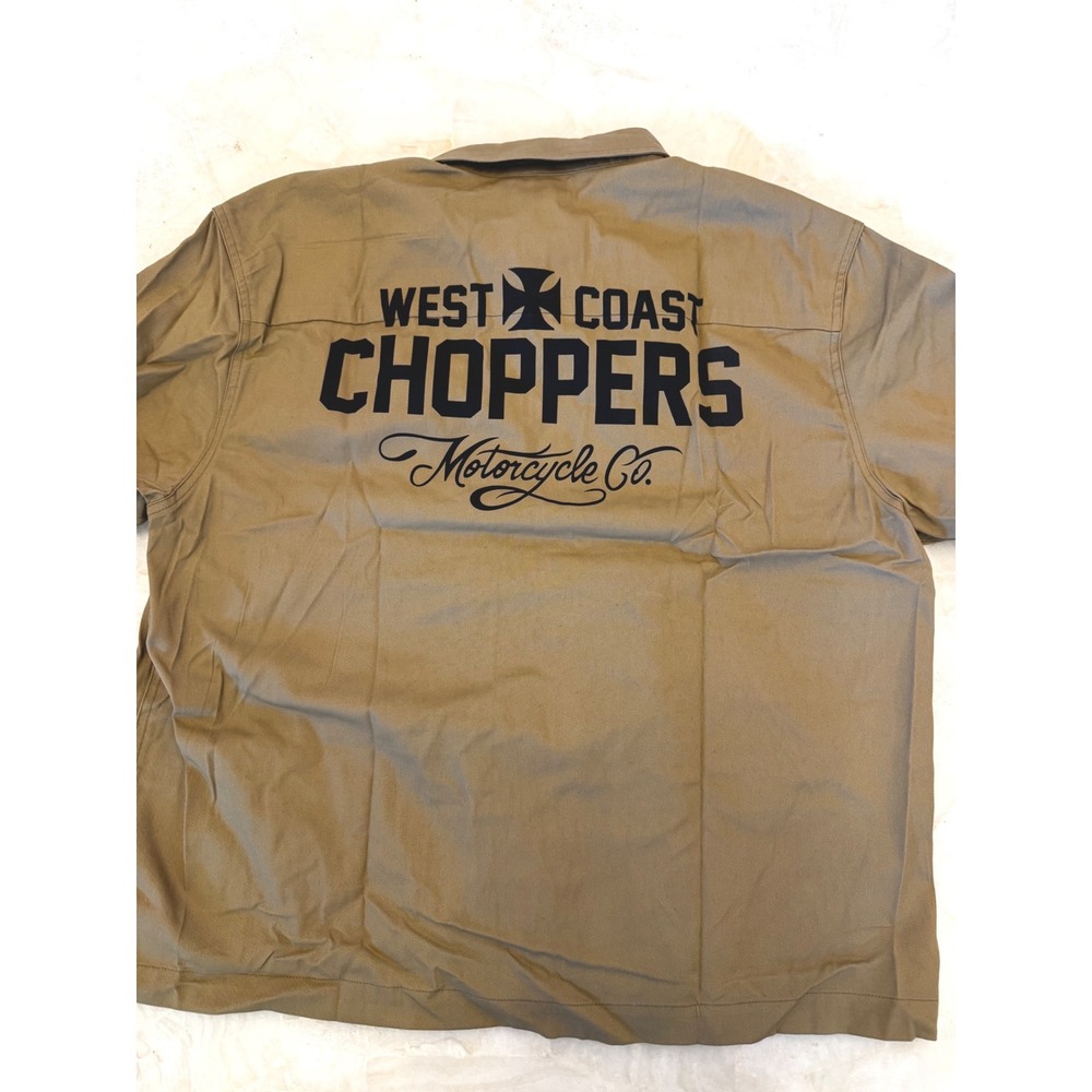 West Coast Choppers Mens XL Khaki Short Sleeve Button Up Work Shirt Logo Patch